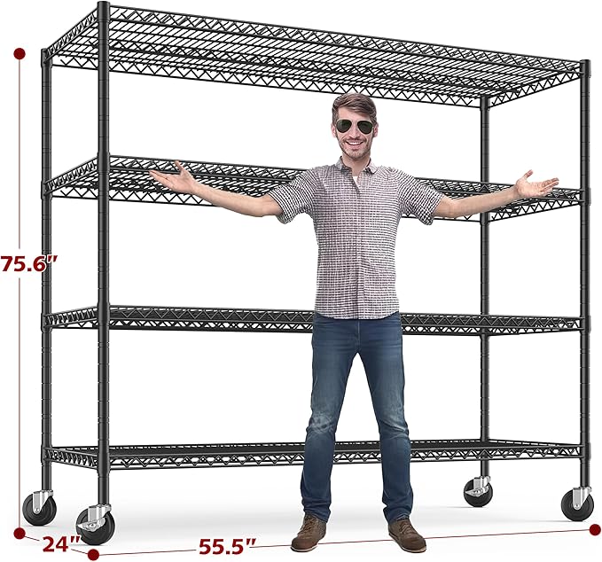 REIBII 75.6" H Storage Shelves Metal Shelving Unit with Wheels 55''W Garage Shelving Heavy Duty Wire Shelves for Storage Rack Adjustable Pantry Shelf Commercial Shelving, 75.6" H X 55.5''W X 24" D