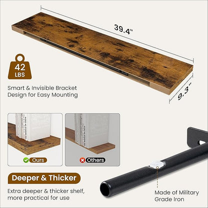 Fun Memories 40" Rustic Wood Floating Shelves with Invisible Brackets for Storage & Decor, Deep Wall Mounted Shelves for Bathroom, Kitchen, Living Room (Brown,Set of 2)