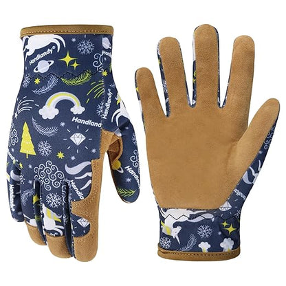 HANDLANDY Kids Genuine Leather Gardening Gloves for ages 3-11, Children Toddler Work Outdoor Playing Gloves for Boys Girls Gift (Large (for age 8-11), Blue)