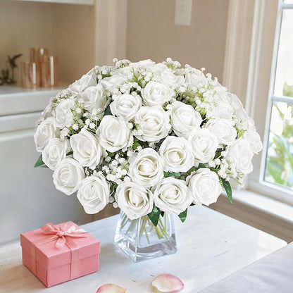 HyeFlora 35 PCS White Roses Artificial Flowers 15 PCS Fake Baby Breath Realistic Fake Flowers Bouquet with Stem for DIY Wedding Party Home Decoration Vase Tables Centerpieces Arrangements Gift for Her