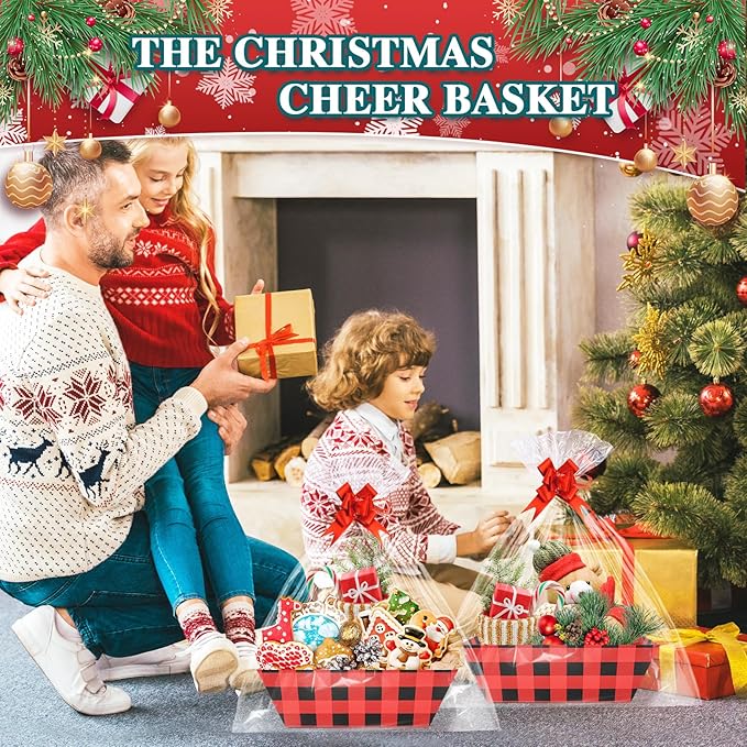 AFOROEOA 10PACK Christmas Gift Baskets Empty, Baskets For Gifts Empty 10x12”Thick Gifts Basket with 10 Bows 10 Bags Gift Basket for Christmas Xmas Wedding Birthdays Party Wrapping （Red Plaid）