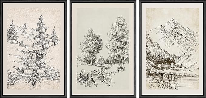 Ashbrook Framed Canvas Print Wall Art Set Vintage Country Forest Landscapes Nature Wilderness Illustrations Fine Art Floral Botanical Minimal Calm/Relax/Cozy for Bedroom - 16"x24"x3 BLACK