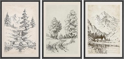 Ashbrook Framed Canvas Print Wall Art Set Vintage Country Forest Landscapes Nature Wilderness Illustrations Fine Art Floral Botanical Minimal Calm/Relax/Cozy for Bedroom - 16"x24"x3 BLACK
