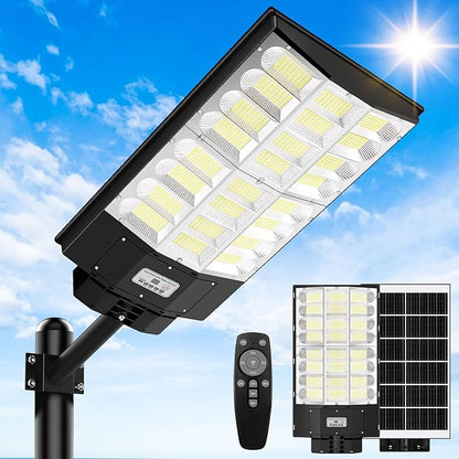 Solar Street Light Outdoor Waterproof 6400W, 640000LM Motion Sensor Solar Powered Flood Light, Dusk to Dawn Lighting with Remote Control, 8500K Commercial Area Lighting for Outside Parking Lot, 1-Pack