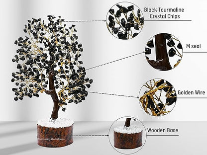 Black Tourmaline Natural Healing Premium Crystal Bonsai Feng Shui Fortune Money Tree of Life for Home Office Decor (Gift Box Ready,10-12 Inch)