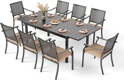 PHI VILLA 9 Pieces Outdoor Dining Set for 8, Large Metal Expandable Dining Table & Stackable Wrought Iron Chairs with Cushions, Modern Furniture Set for Patio, Deck, Yard, Porch - Black
