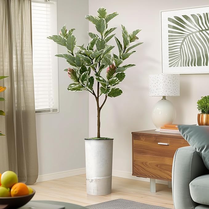 Artificial Tree in Gray Tan Watercolor Abstract Planter, Fake Rubber Silk Tree for Indoor and Outdoor Home Decoration - 70" Overall Tall (Plant Pot Plus Tree)