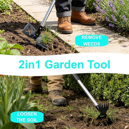 warmtree Weed Puller Tool - 2 in 1 Gardening Tools with 60" Long Handle, Heavy Duty Manual Weeder Remover for Lawn and Garden, Stand Up Weed Puller for Yard, Patio Weeding & Soil Leveling