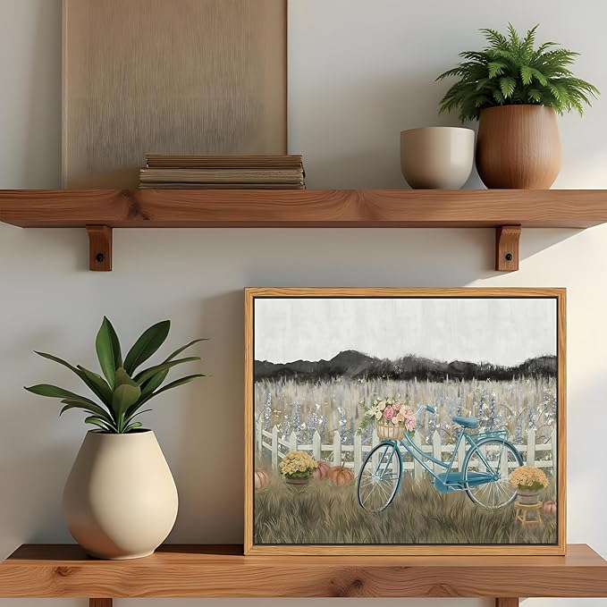 Floating Framed Canvas Wall Art, Vintage Blue Bicycle Flower Basket Wall Decor, Country Nature Landscape Wildflower Poster Print Paintings for Bathroom Living Room Bedroom Home Decor 8x10 inch