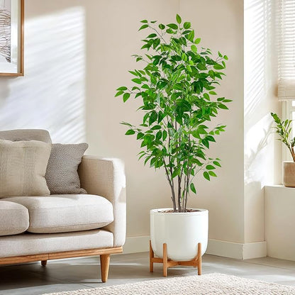 Artificial Ficus Tree with Green Leaves, 5ft Tall, Indoor Plant with Decorative Beige Planter