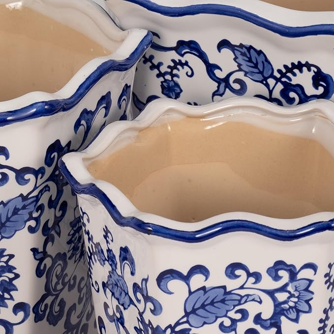 Home Decor Flower Pots and Planters – Intricate Pots with Floral Pattern for Indoor and Outdoor Plants - Vintage Plant Pots Great for Garden, Patio, or Room Decor Set of 3 – 9", 8", 7" Blue & White