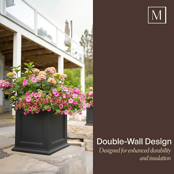 Mayne Fairview Self Watering Planter Box - 20 Inch Large Square, Classic Inset Panels, New England Architecture, Double Wall, UV & Weather Resistant for Indoor and Outdoor Use, White