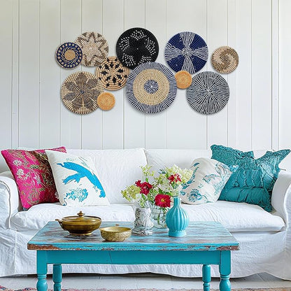 Tatuo 11 Pcs Boho Wall Basket Decor Decorative Bulrush Woven Basket Wall Decor Art Round Farmhouse Hanging Baskets for Kitchen Rustic Home Summer Decorations, Multi Sizes (Blue)