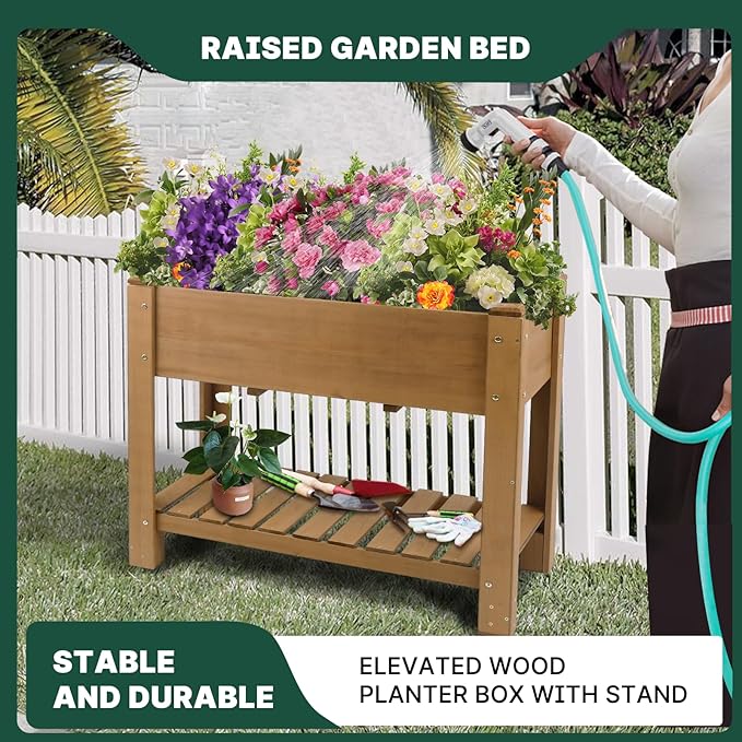 Raised Garden Bed Outdoor, Wooden Planter Boxes with Legs Protective Liner & Drainage Holes, Elevated Garden Flower Beds for Backyard Balcony, Gift for Gardening & Mother,46.6'' X 23.11'' X 29.72''