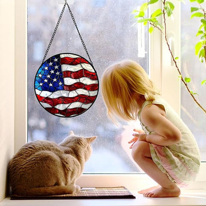 Stained Glass Window Hanging, Blue, White Red National Flag Pattern Sun Catchers Diamond Glass Panel Window Hangings Decor for Birthday Gifts for Women, Men, and Mom 7.8x7.8 in