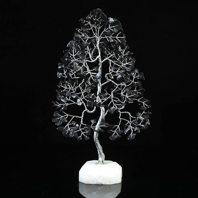 Black Tourmaline Gemstone Tree of Life Quartz Base Chakra Tree for Positive Energy, Handmade Crystal Tree Feng Shui Decor Money Tree Bonsai Good Luck Black Healing Crystals Spiritual Fathers Day Gift