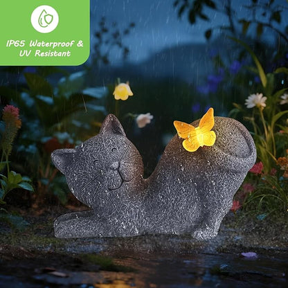Solar Garden Statue with Glowing Butterfly, Outdoor Resin Cute Figurine with Solar Light, Waterproof Yard Decor for Patio, Lawn, Porch, and Unique Garden Gifts for Lovers (solar cat statue gray)