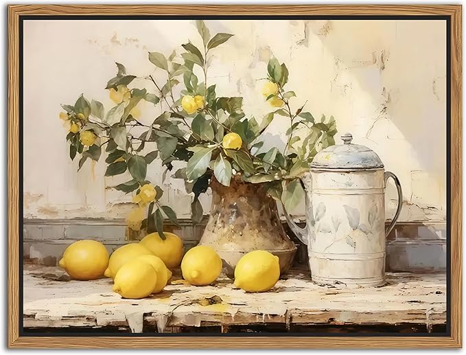 Floating Framed Vintage Kitchen Wall Art, Yellow Lemon Still Life Wall Decor Oil Paintings, Rustic Farmhouse Artwork Posters Prints Pictures for Living Room Bedroom Home Decor 16x24 Inch