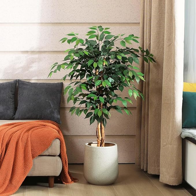4ft Artificial Ficus Tree with Natural Wood Trunk, Silk Fake Ficus Tree in Plastic Nursery Pot, Faux Plant for Office Home, Indoor Outdoor Decor, 1 Pack
