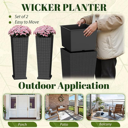 JUMMICO Set of 2 Resin Rattan Tall Planters for Outdoor Plants, Large Tapered Planters with Drainage Holes, Inner Trays and Outer Saucers, Flower Pots for Garden, Patio, Porch, Backyard (Black, 32")