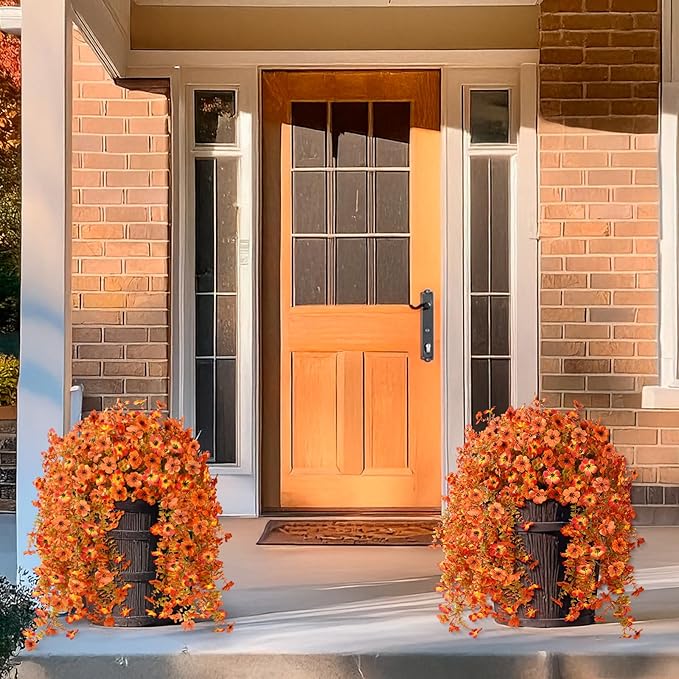Artificial Fall Fake Flowers for Outdoor, 2 Pcs Fake Mums Faux Hanging Flowers Outdoor Fall Decor, UV Resistant Silk Flower for Front Door Porch Planters Patio Yard Garden(Orange Sunset Red)