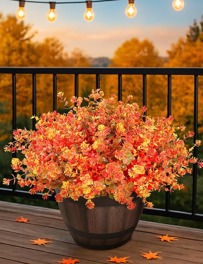 16 Bundles Artificial Flowers for Fall Outdoors Decoration - Fake Mums Faux Artificial Plants Plastic Shrubs Flower No Fade for Harvest Halloween Thanks Giving Day Decor
