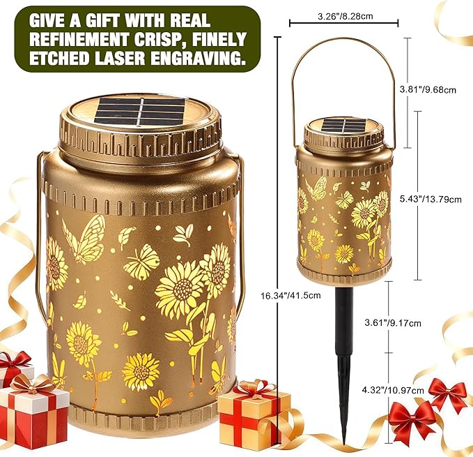 Cooo 2 Pack Solar Lanterns Outdoor Waterproof Sunflower Butterfly Solar Pathway Lights Landscape Path Christmas Gifts for Women Mom Grandma for Outdoor Table Lamps Garden Yard Backyard Decor -Gold