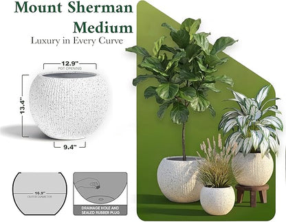 DTY Signature Mount Sherman Modern Indoor Outdoor Fiberstone Sphere Planter, Durable Round Garden Pot, Weather Resistant, Drainage Hole & Rubber Plug,Planter for Christmas Tree (Ribbed White, Small)