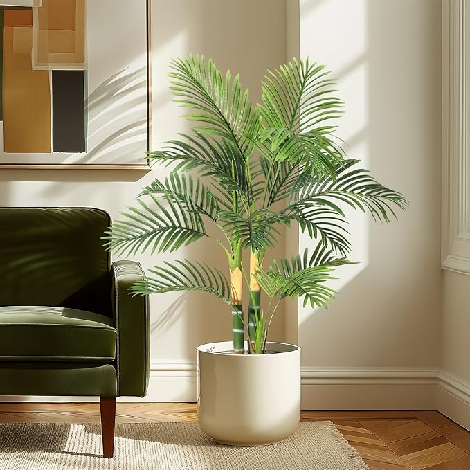 GarveeHome 2 PCS Artificial Palm Tree, 4FT Faux Plants Indoor with 14 Trunks - Faux Tropical Areca Floor Plant in Pot - Artificial Silk Plant for Indoor Outdoor Home Garden Patio Office Décor