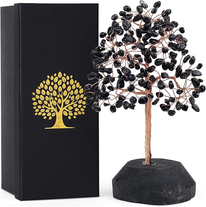 SITUMEIZI Black Obsidian Crystal Tree 7.09IN Healing Stones Natural Crystals Base Copper Wire Tree Life Reiki Black Gifts for Women Room Office Desk Decor Spiritual Meditation Energy
