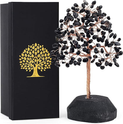 SITUMEIZI Black Obsidian Crystal Tree 7.09IN Healing Stones Natural Crystals Base Copper Wire Tree Life Reiki Black Gifts for Women Room Office Desk Decor Spiritual Meditation Energy