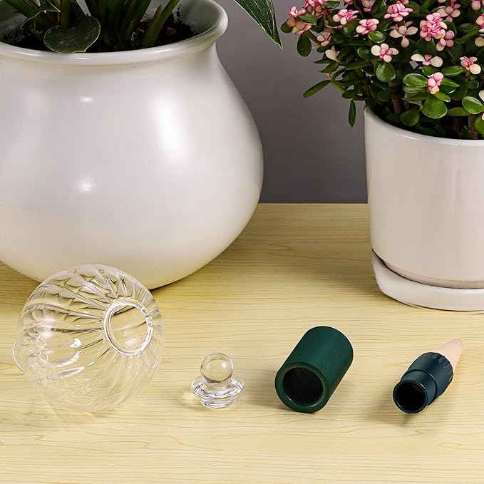 12 oz Plant Watering Globes Top Fill, Clear Glass Water Bulbs with Terracotta Spikes Stake, Vacation Slow Release Self Watering Planter Insert, Automatic Drip Device, 2 Pack