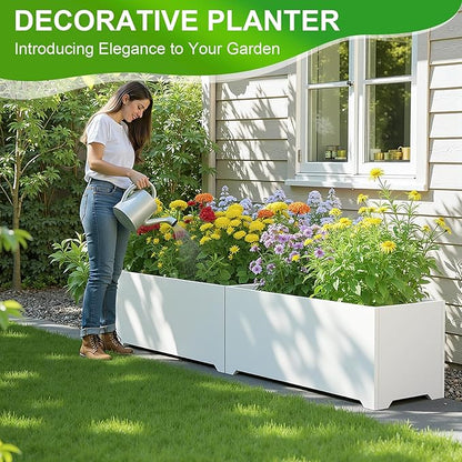 Metal Large Rectangular Planter 32" L x 15" W x 15" H,- Long Planter Box with 6 Drainage Holes & Raised Bottom, White Planter Boxes Outdoor Modern Design for Patio, Garden, Porch