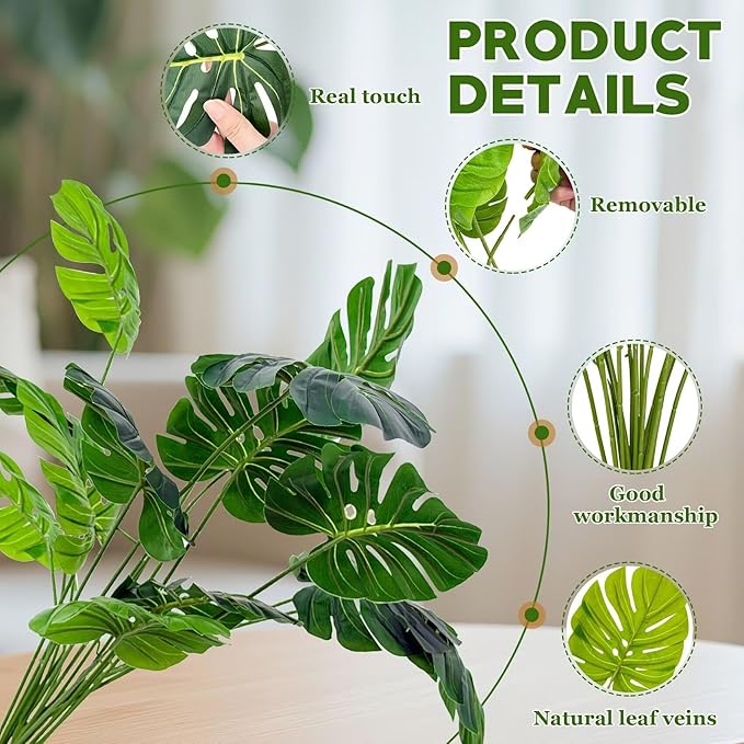 Artificial Palm Tree Leave Plants - 2PCS 28'' Tall Fake Plant Monstera Leaf Indoor Outdoor, Large Faux Floor Plant for Living Room, Bedroom Plants Decor, Bathroom Farmhouse Home House Decor