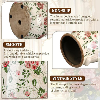 Ceramic Scroll Planter 6.5 Inch Chinoiserie Floral Vase with Drainage Holes Vintage Flower Vase Flower Pot Rustic Ceramic Pots for Indoor Plants Garden Home Bookshelf Decor (Red Plum)