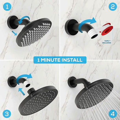SparkPod Shower Head - High Pressure Rain - Premium Quality Luxury Design - 1-Min Install - Easy Clean Adjustable Replacement for Your Bathroom Shower Heads (Midnight Black Matte, 6 Inch Round)