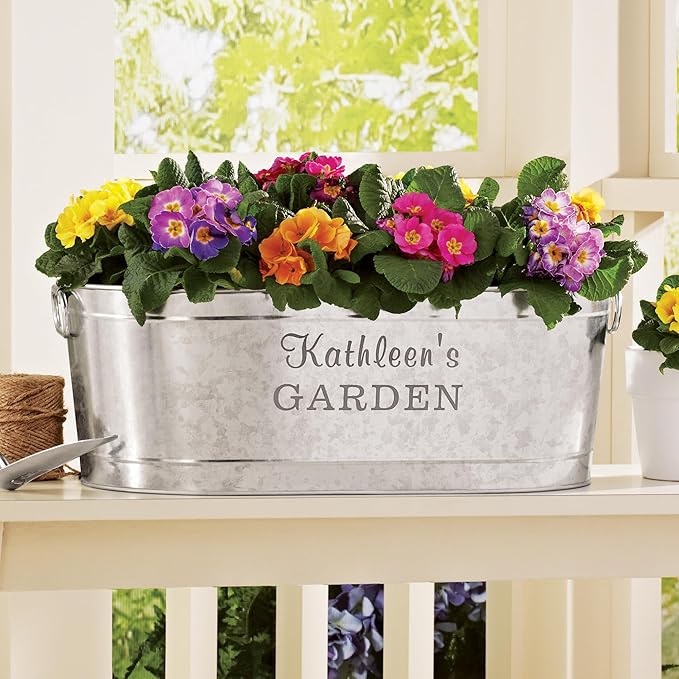 Let's Make Memories Personalized Planter Tub for Mom Grandma Wife - Custom Engraved Decorative Metal Flower Pot - for Mothers Day from Family Daughter Son Kids - 5.5 Gallons - Any 2-Line Message