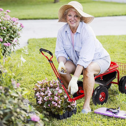 Outvita Garden Cart Rolling Workseat with Wheels, Gardening Stool with Adjustable 360 Degree Swivel Seat, Extendable Handle, Tool Tray & Storage Basket, Gardening Scooter for Yard, Planting, Red