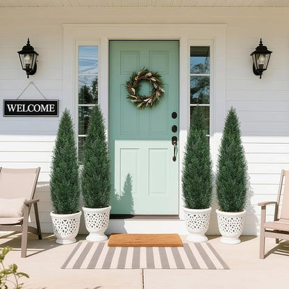 4FT UV Resistant Artificial Cedar Topiary Trees, Potted Faux Cypress Shrubs for Outdoor & Indoor Decor, Realistic Evergreen Fake Plants for Front Porch, Patio, Home, Office, or Garden, Set of 2