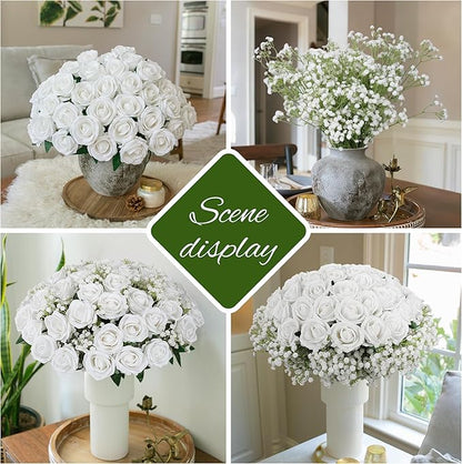 HyeFlora 35 PCS White Roses Artificial Flowers 15 PCS Fake Baby Breath Realistic Fake Flowers Bouquet with Stem for DIY Wedding Party Home Decoration Vase Tables Centerpieces Arrangements Gift for Her