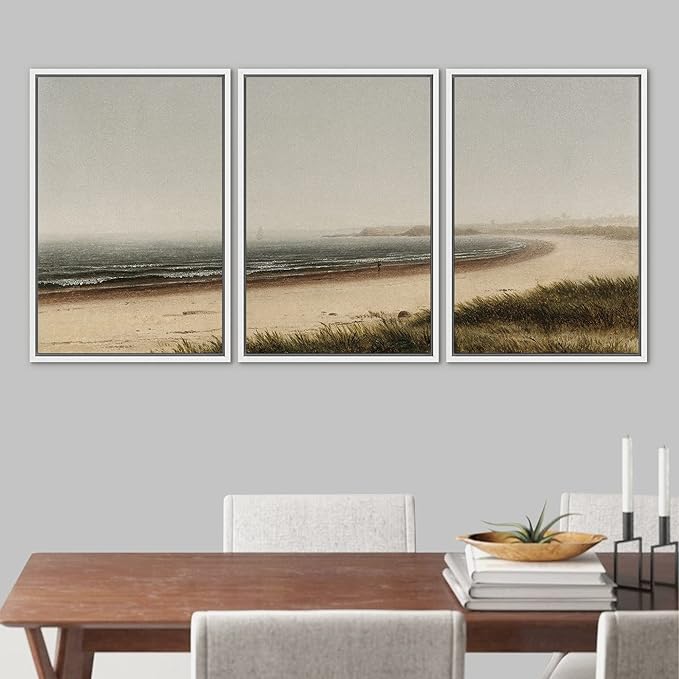 Ashbrook Framed Canvas Print Wall Art Set Misty Beach Horizon Nature Wilderness Illustrations Fine Art Decorative Seascape Horizon Vintage for Living Room, Bedroom, Office - 16"x24"x3 White
