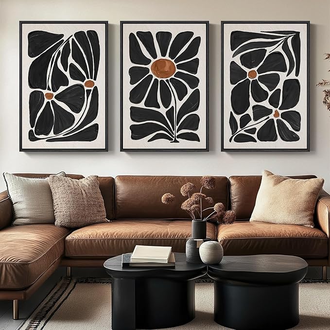 Large Framed Boho Abstract Floral Wall Art for Living Room, 3 Piece Mid-Century Modern Botanical Canvas Painting Prints Artwork for Walls, Black and White Flowers for Bedroom Hallway Office, 24x36 In