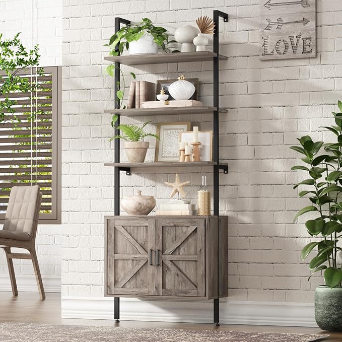 Ladder Bookshelf with Cabinet, 6 Tier Industrial Wall Mount Ladder Bookcase with Farmhouse Cabinet, Tall Narrow Open Ladder Shelf with Metal Frame for Living Room, Bathroom, Home Office, Rustic Grey