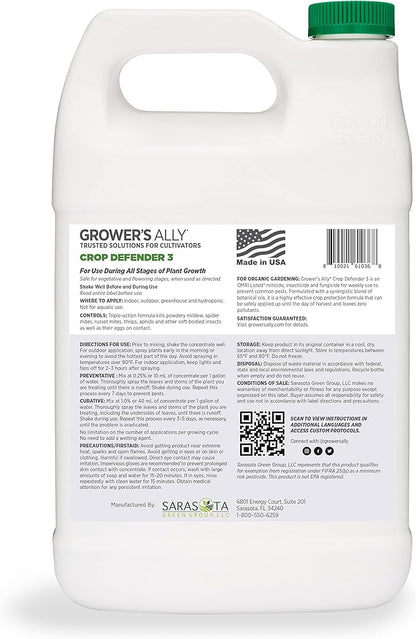 Grower's Ally Crop Defender 3 Concentrate - Natural Miticide, Insecticide, Fungicide Control for Plants - OMRI Listed Garden Safe Spray Killer for Powdery Mildew & Mites - 1 Gallon, Makes 400