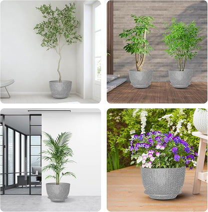 10 inch Large Plant Pots, Flower Pots with Multi-Mesh Drainage Holes and Saucer, Plastic Planters for Indoor and Outdoor Garden Plants (Speckled Grey, 10")