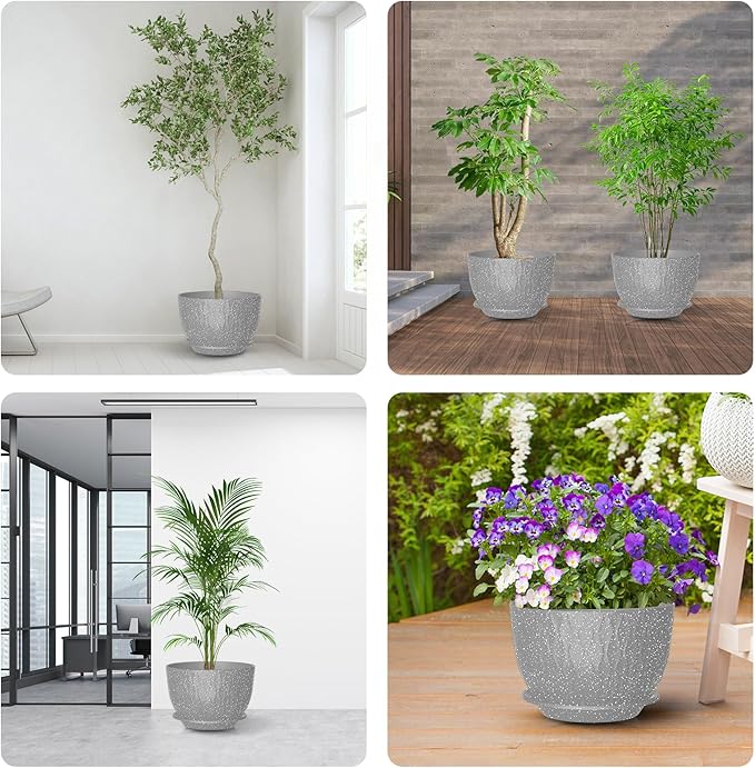 12 Inch Large Plant Pots, Flower Pots with Multi-Mesh Drainage Holes and Saucer, Plastic Planters for Indoor and Outdoor Garden Plants (Speckled Grey, 12")