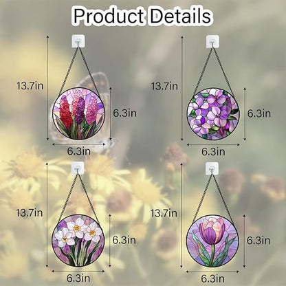 Stained Glass Window Hanging 4 Pcs Set Purple Flower Theme 6.3" - Tulip Suncatcher Door Garden Sun Catcher Decor Birthday Christmas for Plant Lovers Woman Nana Men