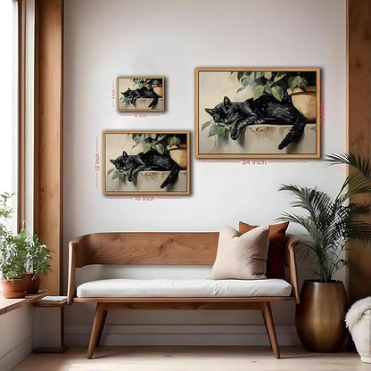 Floating Framed Black Cat Canvas Wall Art, Lazy Cute Cat Wall Decor Paintings, Vintage Animal Plant Prints Poster, Rustic Aesthetic Home Decor for Living room Bedroom Bathroom 8x10 inch