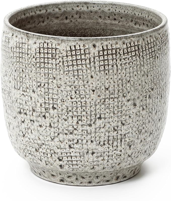 LuxenHome 12-Inch Large Ceramic Pots for Plants, Modern Gray Grid-Pattern Glazed Ceramic Planters Pots for Outdoor Plants with Drainage Hole and Plug, Round Indoor Flower Pot for Home Garden Patio