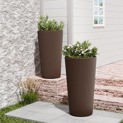 Tall Outdoor Planter Set of 2-23.6" Large Striped Plastic Flower Pots, Decorative Indoor/Outdoor Planters for Porch, Patio, Balcony & Garden, Brown